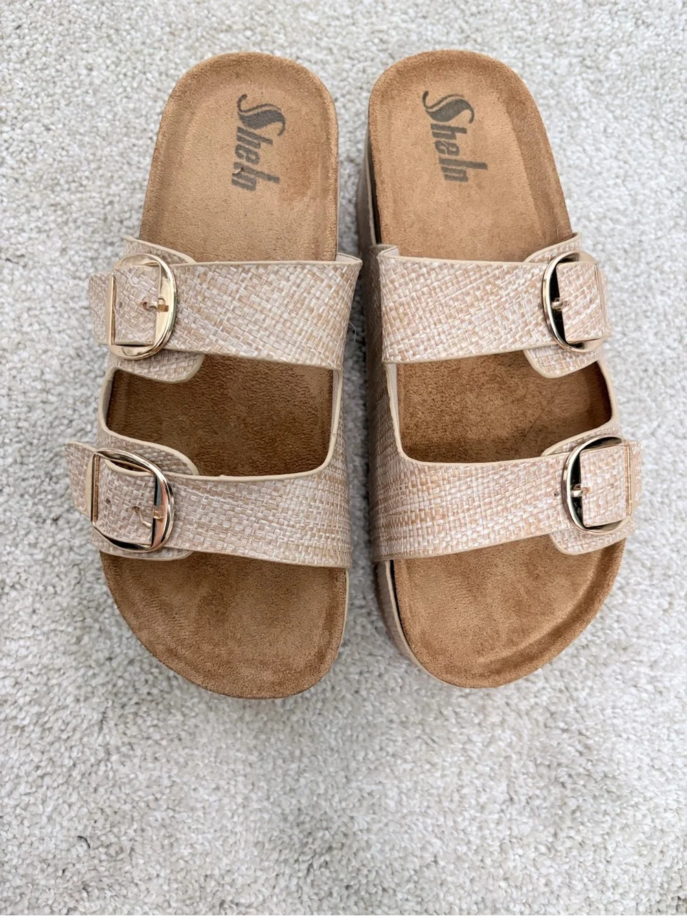 Women’s Platform Slide Sandals in Beige with Gold Buckles